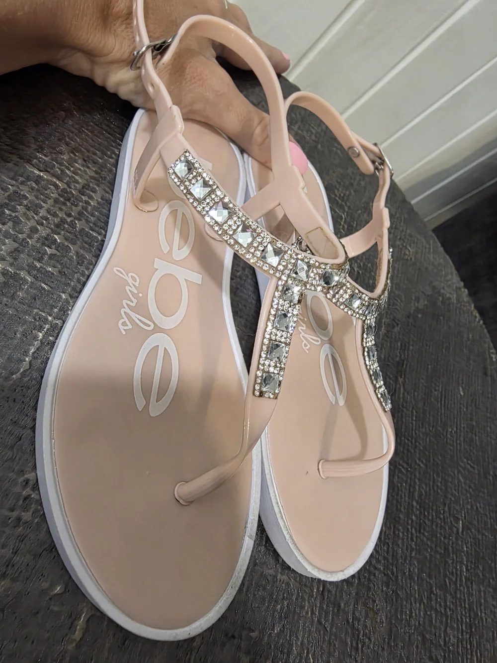 bebe Blush Jeweled T-Strap Sandals